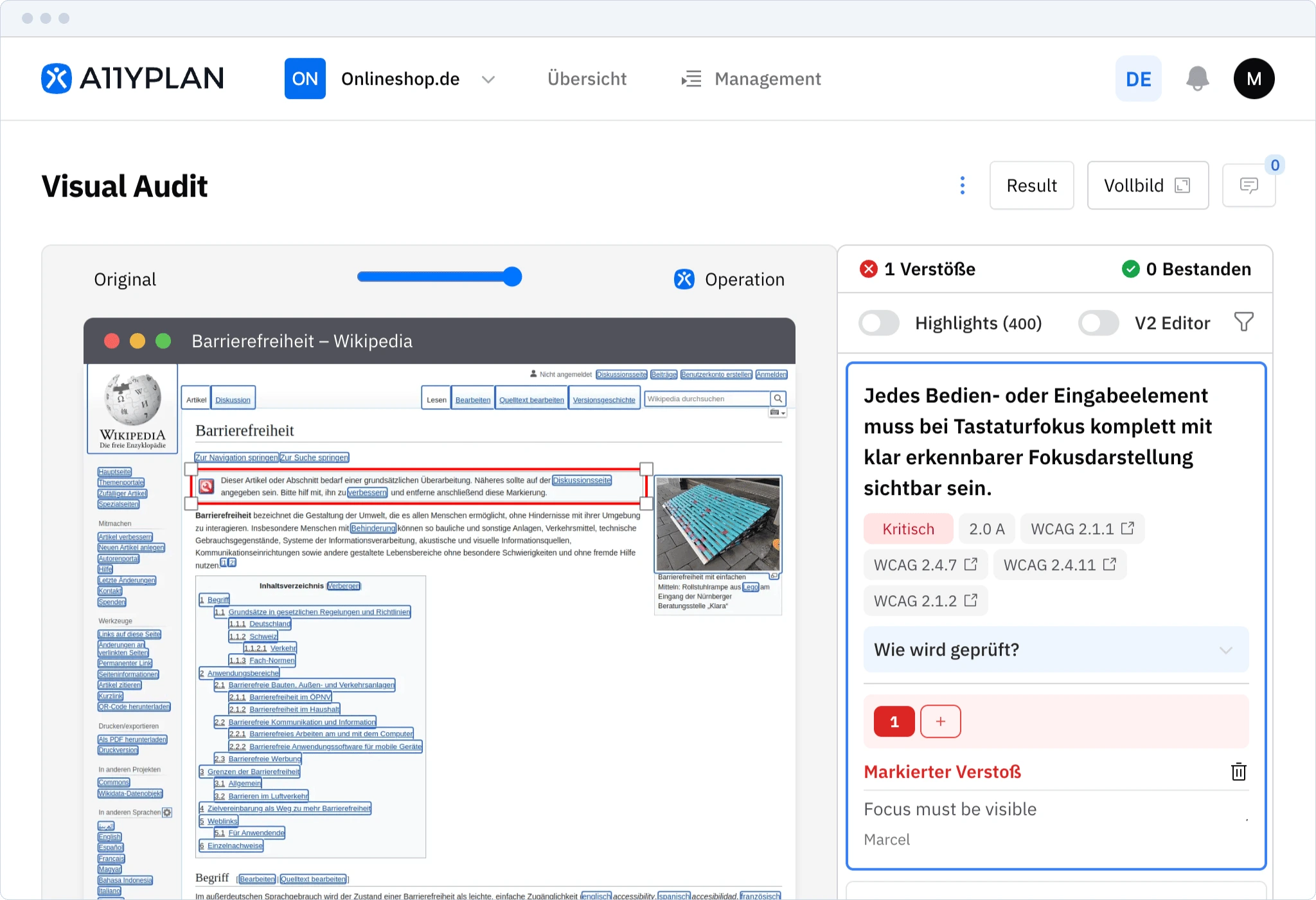Screenshot der A11YPLAN Visual Audit-Funktion: Innovative visuelle Fehleranalyse mit Echtzeit-Highlights, programmatischen Informationen und Simulationsmodi. Direktes Markieren von WCAG-Verstößen auf der Live-Website für effiziente manuelle Prüfung.