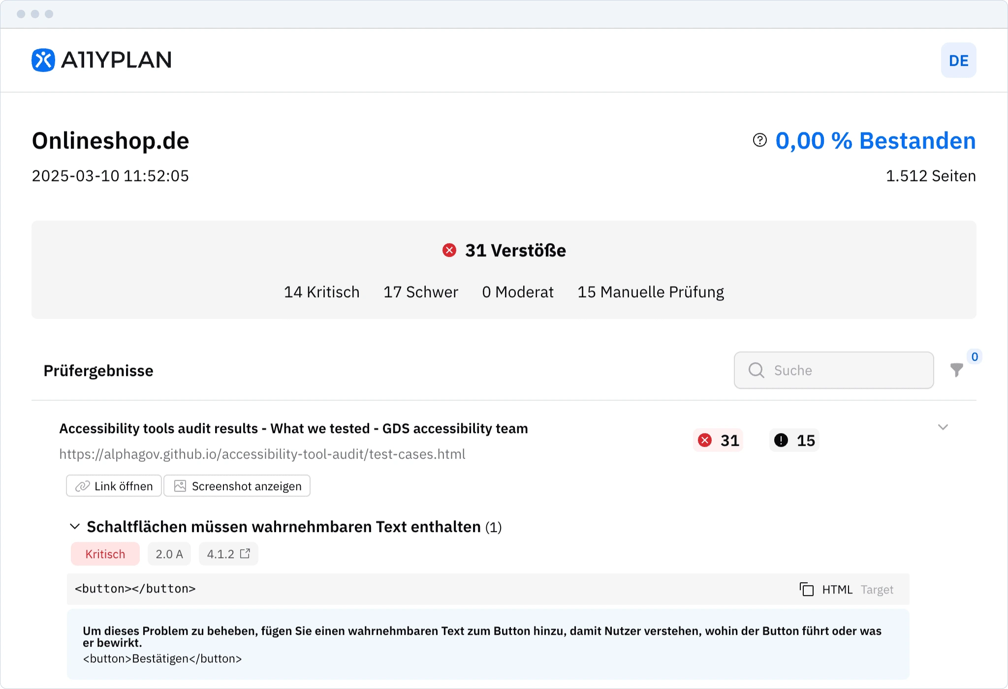 Screenshot der A11YPLAN Reporting-Funktion: Übersichtliche Fehlerauswertung mit Priorisierung nach Schweregrad, detaillierte Code-Beispiele und konkrete Lösungsvorschläge. 31 identifizierte Verstöße auf 1.512 Seiten - alles auf einen Blick.